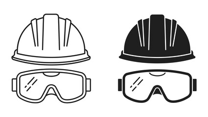 Fototapeta premium Industrial hard hat and safety goggles vector set in outline and solid black design