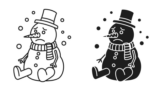 Sad snowman with top hat and scarf vector in outline and solid black icon style