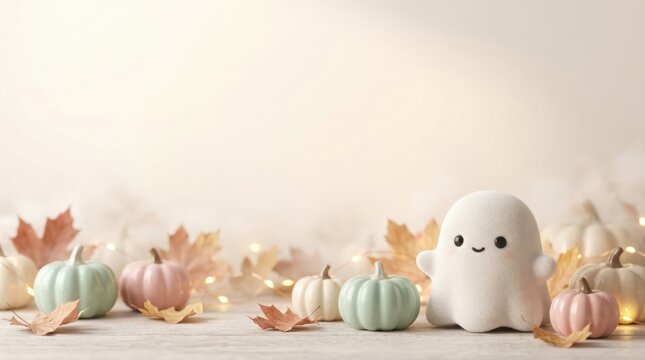 Halloween still life with white ghost plush toy and autumn