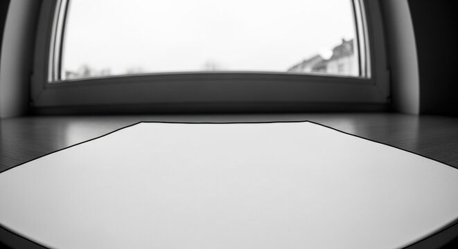Blank paper on a windowsill with a window view of houses and a cloudy sky in monochrome.