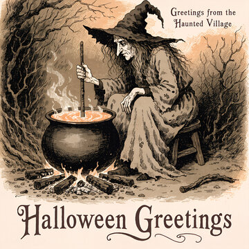 Vintage Halloween greetings postcard with witch stirring a cauldron