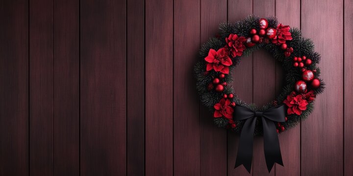 Decorative Christmas wreath with red flowers and ornaments hanging on a dark wooden wall