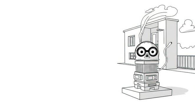 Whimsical Cartoon Skull Robot with Glasses on Stacked Electronics, Emitting Smoke, Against a Simple Building Backdrop
