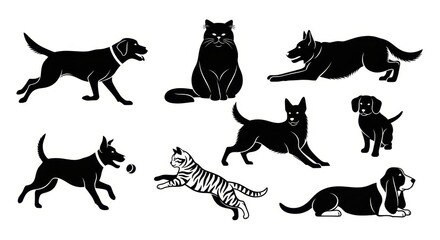 Fototapeta premium Collection of Vector Silhouettes of Dogs and Cats in Various Poses for Pet Related Designs