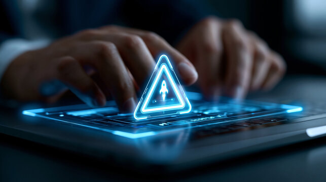 Hand tippt auf Laptop w&auml;hrend digitale Warnsymbole rundherum aufleuchten