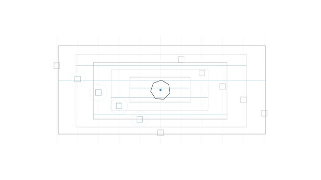 Abstract minimalist geometric line art composition featuring a central octagonal shape surrounded by concentric rectangular frames and subtle square accents on a clean grid background
