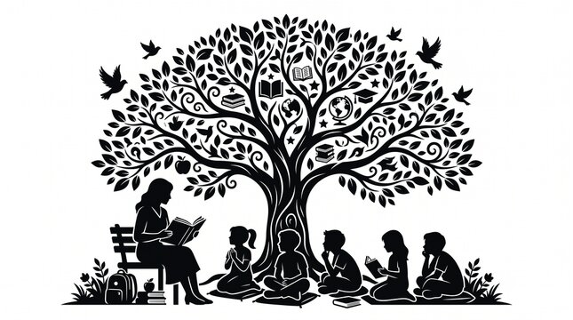  teacher reading to students under a tree of knowledge with icons, white background