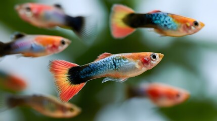 Fototapeta premium Colorful guppies swim gracefully through water their vibrant fins and patterns catching soft light against a blurred green background