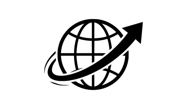 Global globe orbital arrow icon representing worldwide movement international expansion growth and continuous progress vector