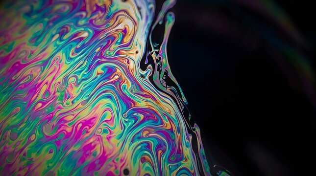 Abstract macro photography of vibrant iridescent soap film showing psychedelic rainbow patterns, liquid swirling colors, light refraction interference, and copy space on black background.