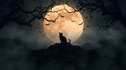 Fototapeta premium A mysterious black cat sits in silhouette atop a rugged hill, framed by gnarled tree branches beneath a massive, glowing full moon and flying bats.