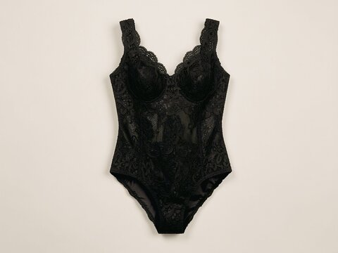 Women's luxury black lace one-piece lingerie or corset, flat lay design.
