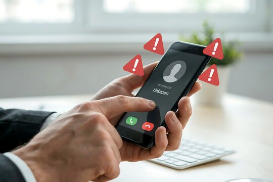Close up of a person holding a phone showing an unknown caller with red warning alert icons above