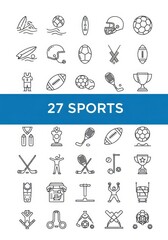 Fototapeta premium Set of 27 Minimalist Sports Line Icons Featuring Equipment for Football, Soccer, Surfing, Hockey, and Trophies