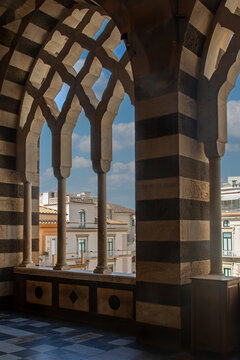 Old vintage balcony architecture interior with buildings outside