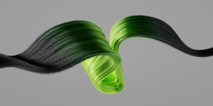 Black and neon green hair strands form a flowing abstract ribbon on a gray background. Modern beauty texture for branding, fashion, and design.