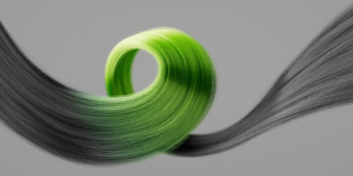 Neon green hair coil curls into a clean abstract shape on a gray background. Elegant modern composition for beauty branding and decor.
