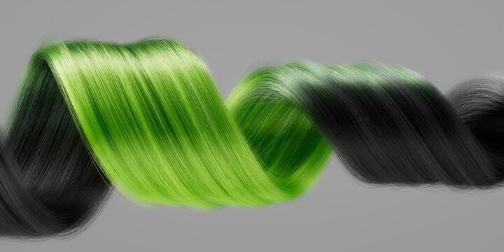 Bright green hair ribbon flows between dark strands in a horizontal abstract composition. Premium beauty texture for fashion and design work.