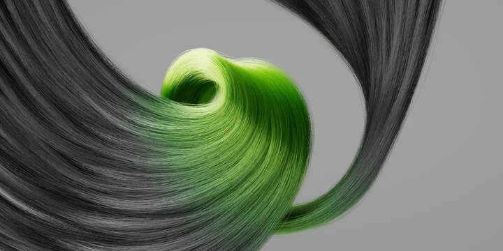 Neon green hair spiral emerges from dark strands in a bold abstract composition. Premium beauty texture for modern design and decor.