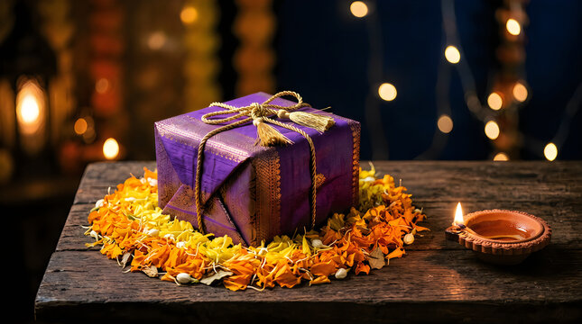 A beautifully wrapped gift surrounded by marigolds and festive lights