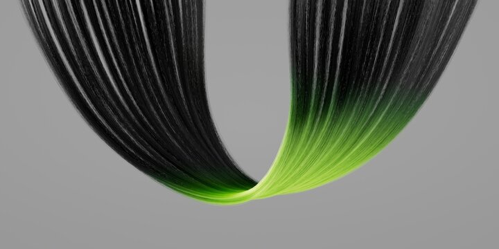 Black hair strands arch downward around a bright green center in an abstract form. Stylish monochrome and neon composition for modern design.