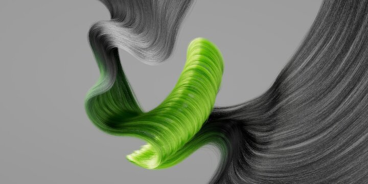 Neon green hair ribbon twists through dark strands in an abstract flowing composition. Modern luxury visual for fashion, branding, and art.