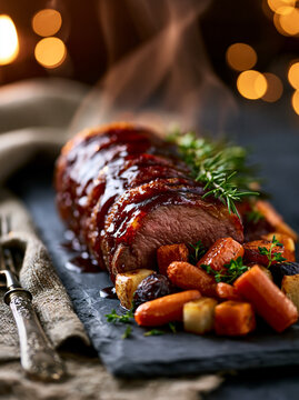 Glasierter Braten ruht auf Schieferplatte mit Karotten vor Lichterkette