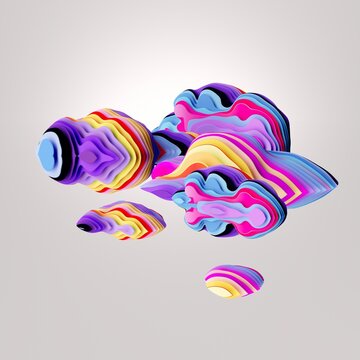 Bright abstract terrain islands hover on a clean light background. Playful futuristic landscape for branding, posters, and motion design. 3D render illustration.
