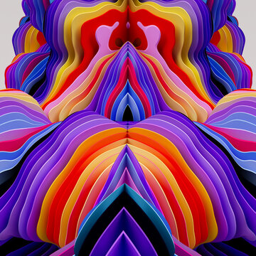 Rainbow terrain rises in a dramatic symmetrical abstract composition. Striking modern landscape for posters, branding, and digital art. 3D render illustration.