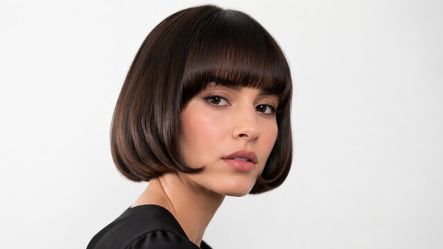 Woman with pageboy haircut in golden hour light with natural lifestyle composition for stock use