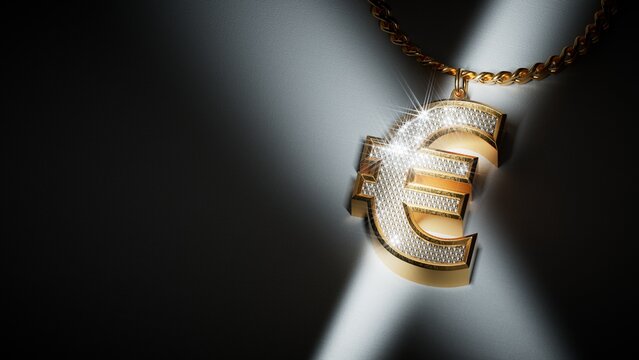 Euro pendant with sparkling stones and gold chain on a dark illuminated background. Premium finance image for wealth, luxury, and investment concepts. 3D render illustration.