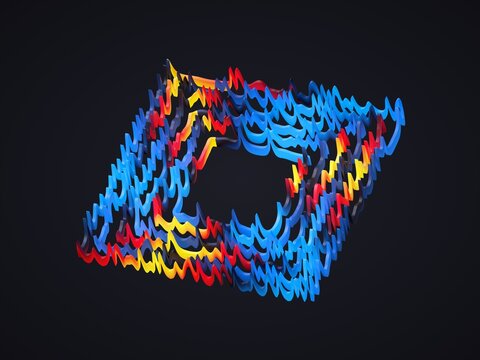A 3D abstract structure composed of colorful, flame-like shapes in blue, red, and yellow against a dark background. 3d render illustration.