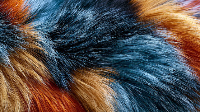 Buntes Fell schimmert in Blau und Orange mit weicher Struktur im Detail