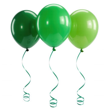 Three vibrant green balloons with curly ribbons isolated on transparent background for St Patricks Day events