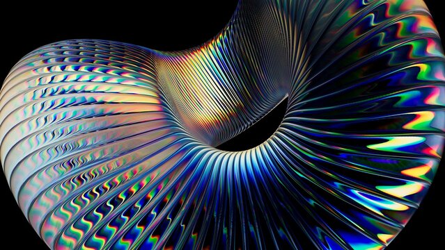 Twisted glass spiral with colorful light refraction on a dark background. Premium abstract visual for futuristic branding, innovation, and luxury design. 3D render illustration.