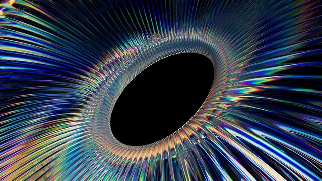 Abstract glass ring with iridescent light dispersion on a black background. Futuristic luxury image for technology, premium branding, and modern design. 3D render illustration.