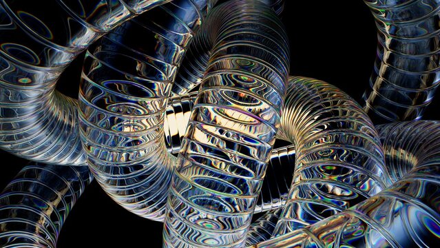 Intertwined glass coils with colorful dispersion form a detailed abstract structure. Futuristic premium background for innovation, technology, and luxury design. 3D render illustration.
