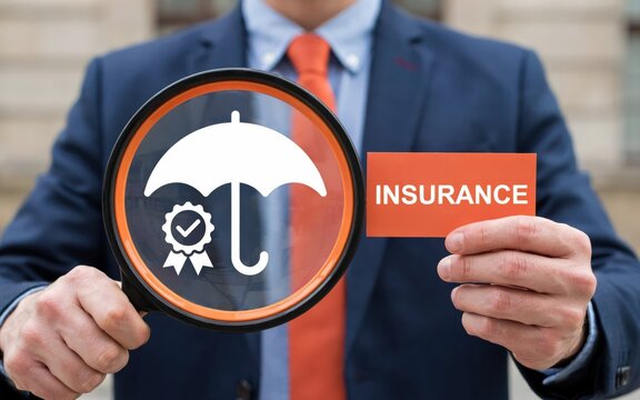 Businessman holding a magnifying glass with an umbrella icon and an insurance sign