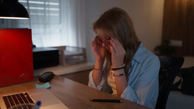 Teenage student putting on eyeglasses while sitting at a desk before starting schoolwork. Back to school, study preparation, education, learning and student routine concept.
