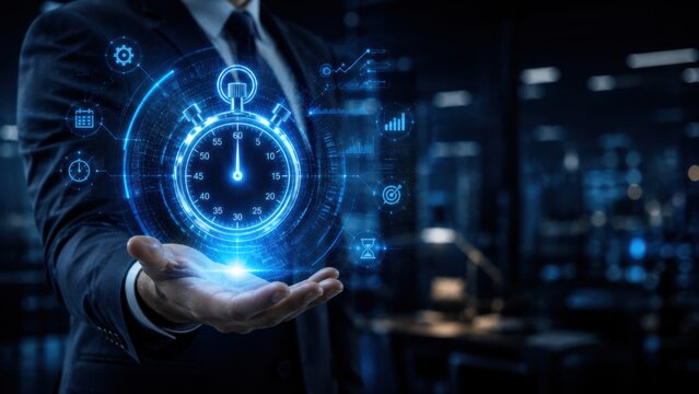 Futuristic blue digital timer interface appearing over businessman hand for project deadline tracking.