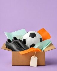 sports football equipment gift box with soccer cleats, ball and colorful tissue paper on purple background