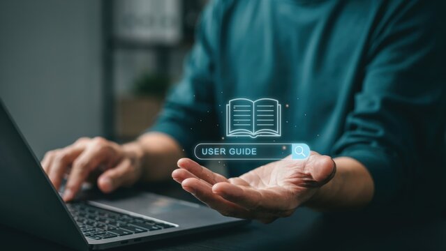 Person searching for a digital user guide on a laptop