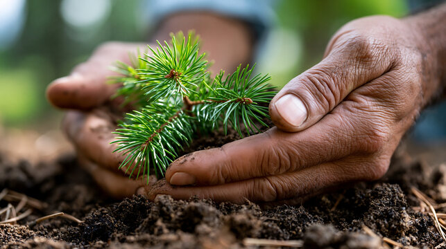 H&auml;nde halten kleinen Nadelbaum-Setzling behutsam &uuml;ber dunkler Gartenerde