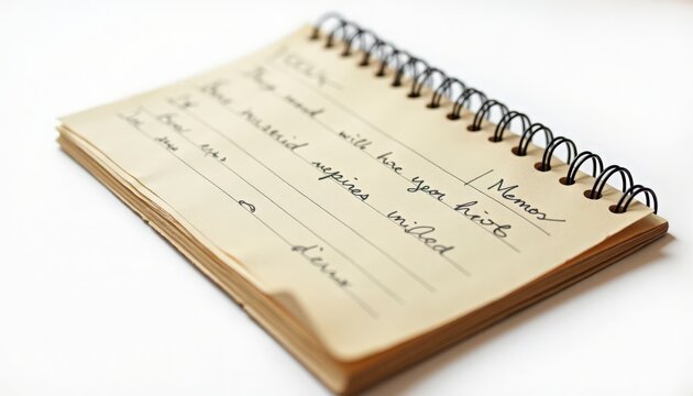 Handwritten notebook with spiral binding open on lined kraft paper, closeup of cursive notes and ink strokes, shallow focus composition showing page edges and soft bokeh,