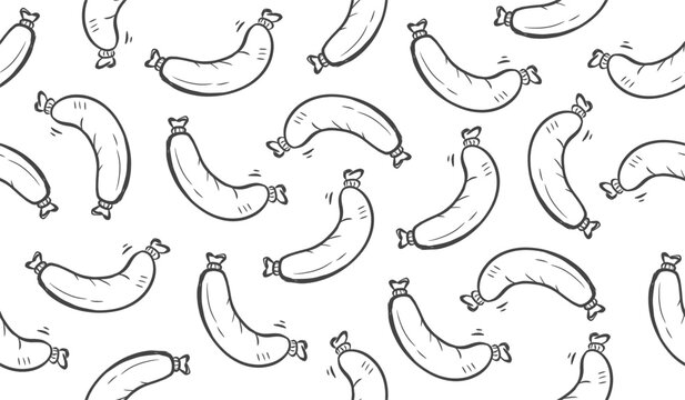 BBQ meat doodle background. Meat pattern background. Sausage seamless pattern. Steak doodle pattern. Raw food hand drawn pattern.