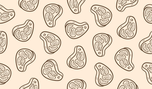 BBQ meat doodle background. Meat pattern background. Sausage seamless pattern. Steak doodle pattern. Raw food hand drawn pattern.