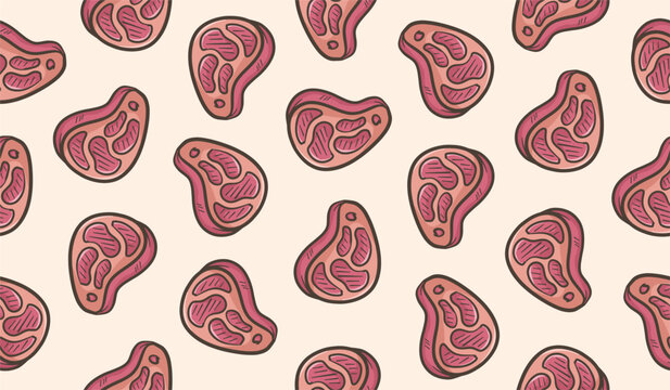 BBQ meat doodle background. Meat pattern background. Sausage seamless pattern. Steak doodle pattern. Raw food hand drawn pattern.