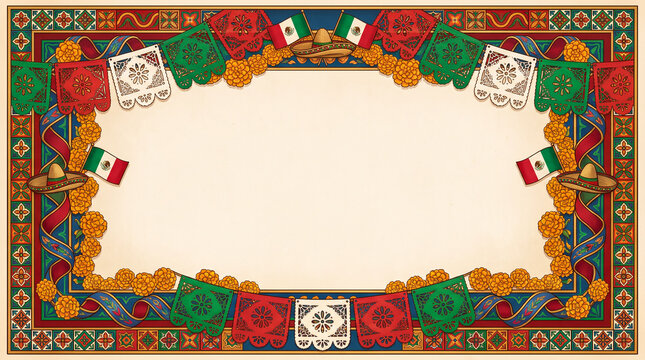 Mexican Independence Day decorative frame with colorful flowers, traditional patterns and festive ornaments