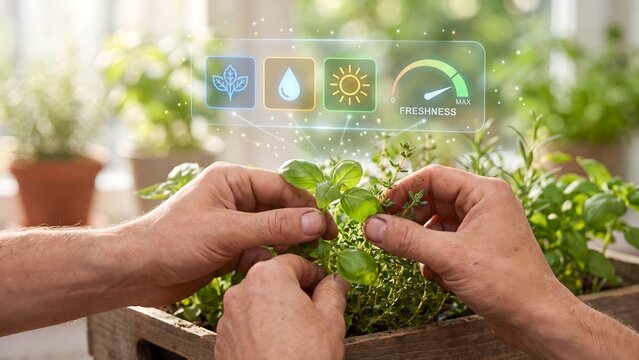Gardener tending fresh herb plants in a wooden planter with a holographic freshness meter displaying leaf, water, and sunlight monitoring icons, representing smart horticulture, plant health, and prec