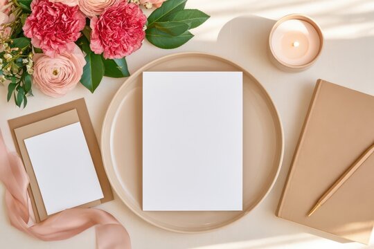 Overhead flat lay with pink flowers, blank stationery, candle and notebook on beige surface